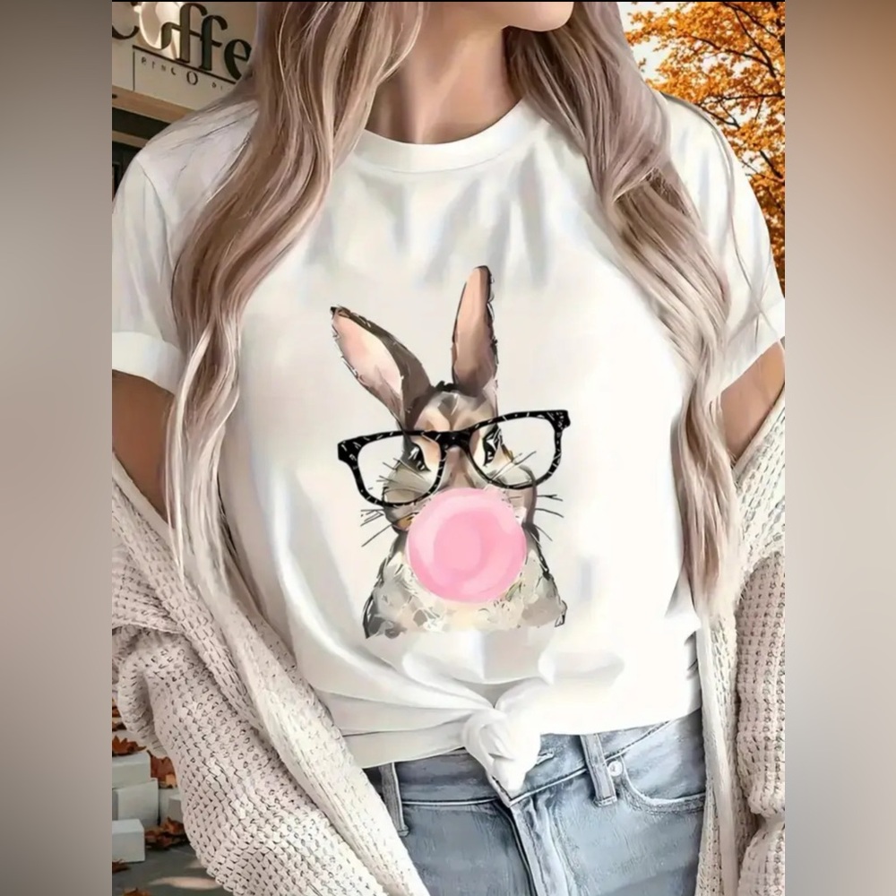 Pink Bunny Tee Shirt White Cotton Unisex Size L Bubble Gum Design